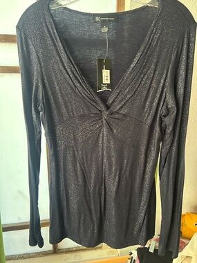INC International Concepts Black Shimmer Twist-Front Long Sleeve V-Neck Top